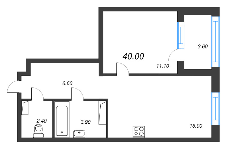 2-комнатная (Евро) квартира, 40 м² в ЖК "Струны" - планировка, фото №1