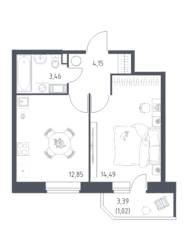1-комнатная квартира, 35.97 м² в ЖК "Живи! В Рыбацком" - планировка, фото №1