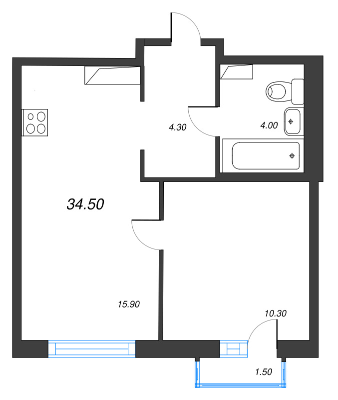 2-комнатная (Евро) квартира, 34.5 м² в ЖК "Струны" - планировка, фото №1