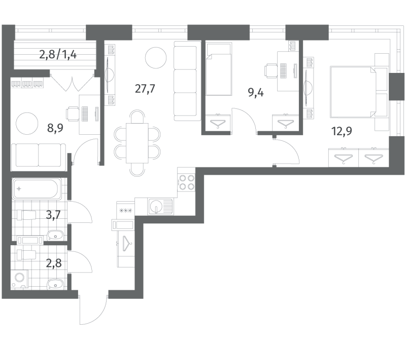 3-комнатная квартира, 66.85 м² в ЖК "NewПитер 2.0" - планировка, фото №1