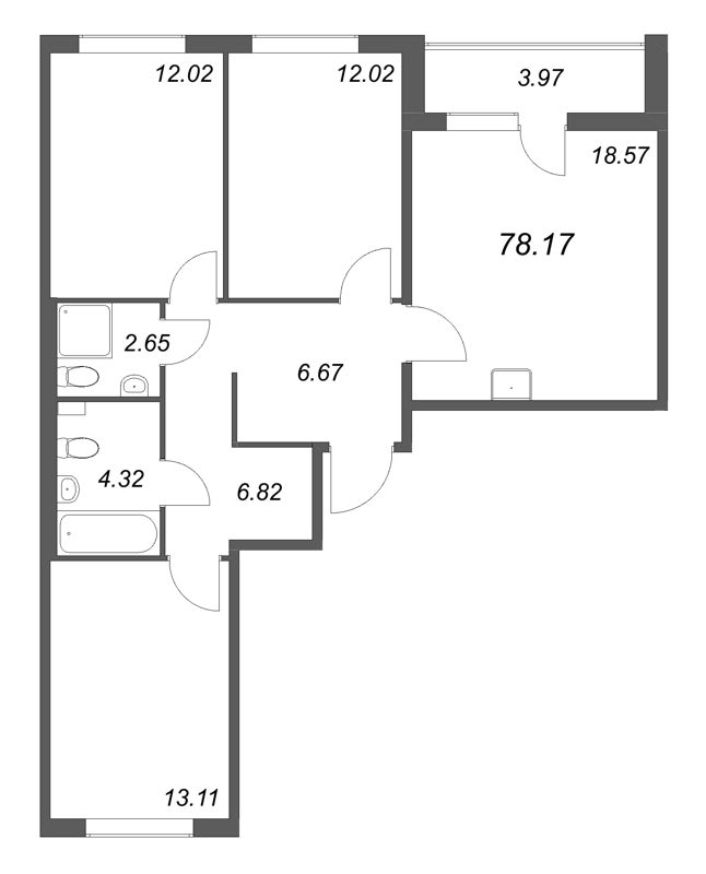 4-комнатная (Евро) квартира, 78.17 м² в ЖК "Расцветай в Янино" - планировка, фото №1