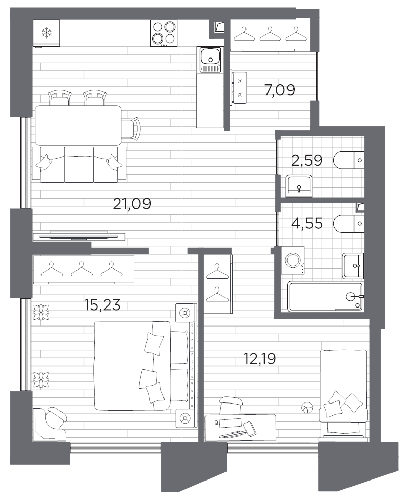 3-комнатная (Евро) квартира, 62.74 м² в ЖК "Галерная гавань" - планировка, фото №1