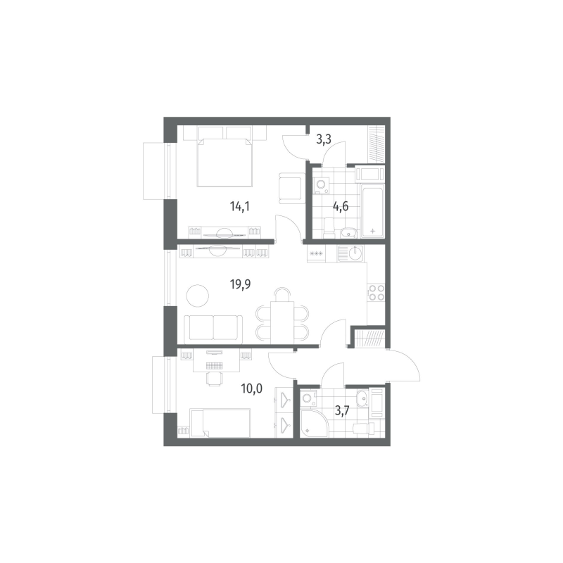 3-комнатная (Евро) квартира, 59.3 м² в ЖК "Парусная 1" - планировка, фото №1