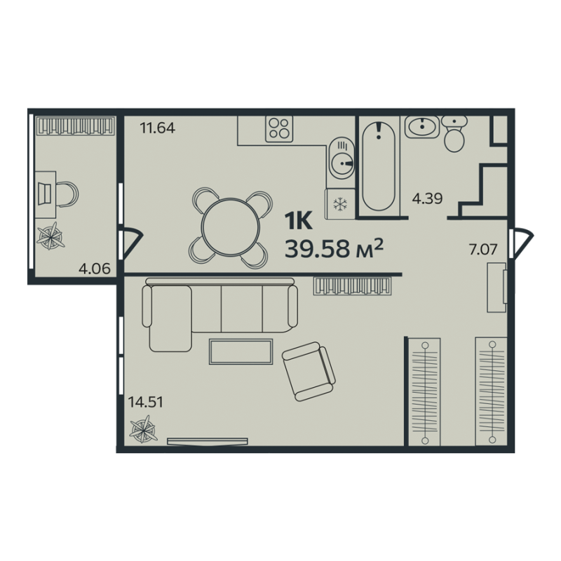 1-комнатная квартира, 39.58 м² в ЖК "Эдельвейс Выборг" - планировка, фото №1
