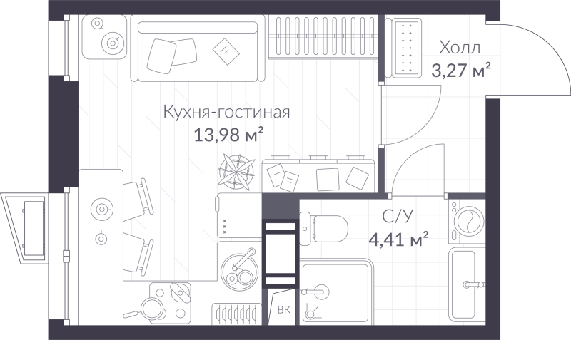 Квартира-студия, 21.66 м² - планировка, фото №1