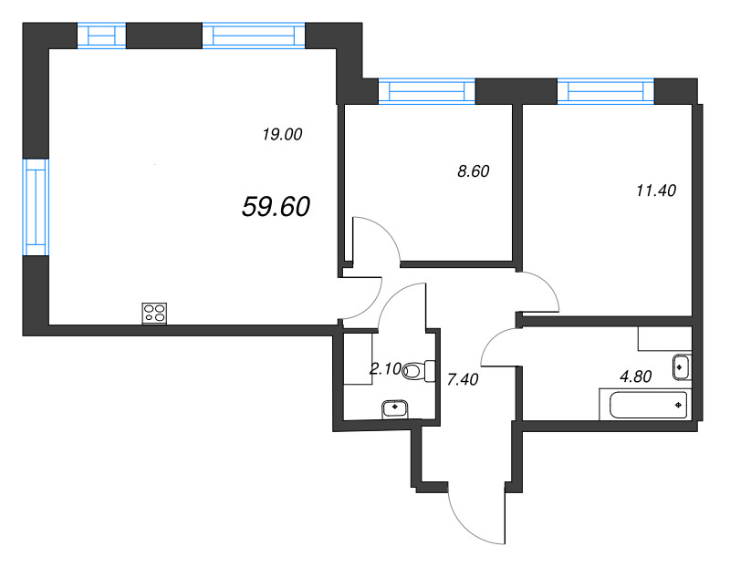 3-комнатная (Евро) квартира, 59.6 м² в ЖК "Парусная 1" - планировка, фото №1
