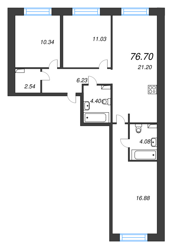 4-комнатная (Евро) квартира, 73.99 м² в ЖК "Остров Первых" - планировка, фото №1