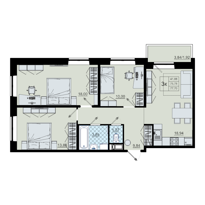 4-комнатная (Евро) квартира, 77.7 м² в ЖК "Северный меридиан" - планировка, фото №1