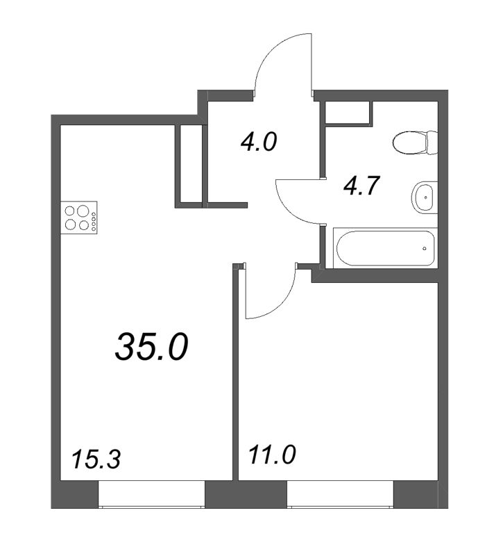 2-комнатная (Евро) квартира, 35 м² в ЖК "Куинджи" - планировка, фото №1