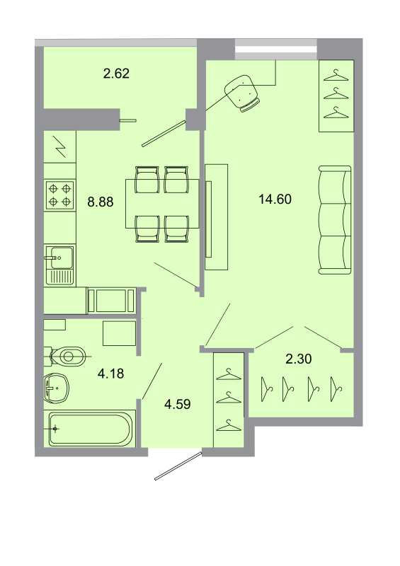 1-комнатная квартира, 35.1 м² в ЖК "Стороны света" - планировка, фото №1