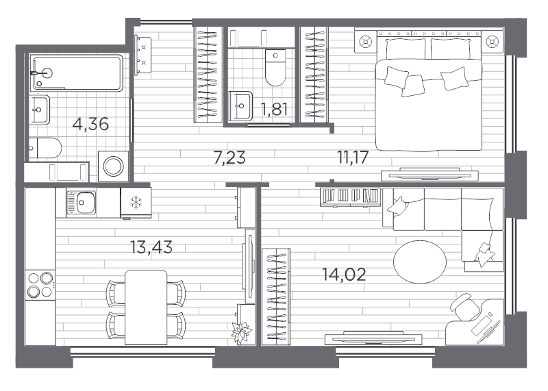 2-комнатная квартира, 52.02 м² в ЖК "PLUS Пулковский" - планировка, фото №1