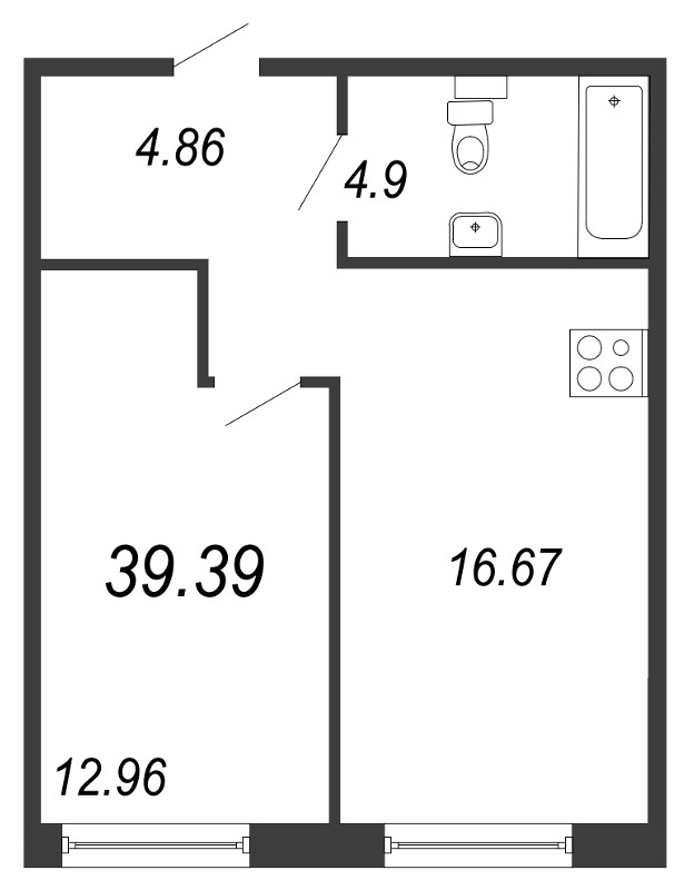 2-комнатная (Евро) квартира, 39.39 м² - планировка, фото №1