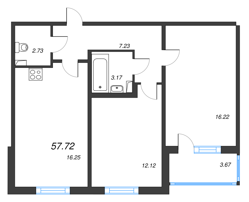 3-комнатная (Евро) квартира, 57.72 м² в ЖК "Любоград" - планировка, фото №1