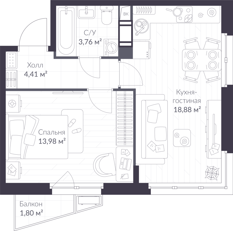 2-комнатная (Евро) квартира, 41.57 м² в ЖК "VEREN NORT сертолово" - планировка, фото №1