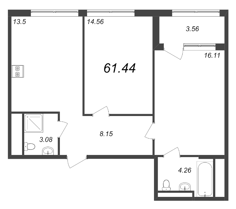 2-комнатная квартира, 61.44 м² - планировка, фото №1