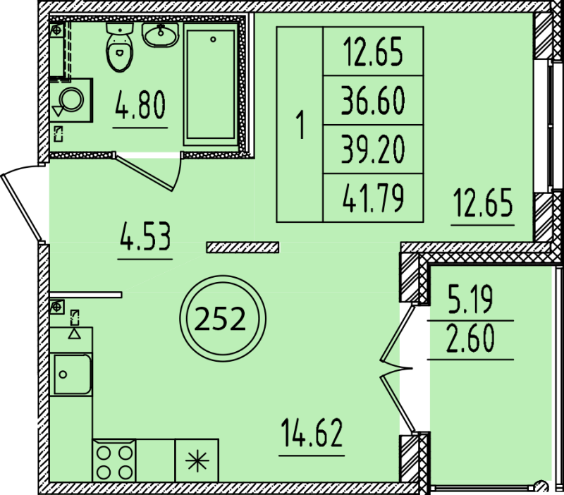 1-комнатная квартира, 36.6 м² в ЖК "Образцовый квартал 14" - планировка, фото №1