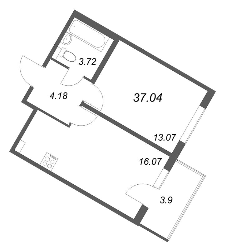 2-комнатная (Евро) квартира, 37.04 м² в ЖК "Любоград" - планировка, фото №1