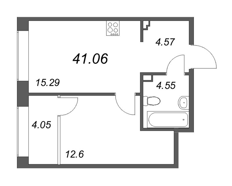 2-комнатная (Евро) квартира, 41.06 м² - планировка, фото №1