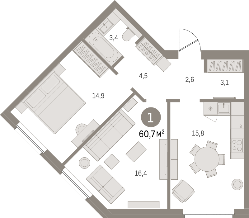 3-комнатная (Евро) квартира, 60.7 м² в ЖК "Северный ветер" - планировка, фото №1