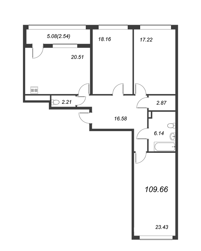 3-комнатная квартира, 110.1 м² - планировка, фото №1