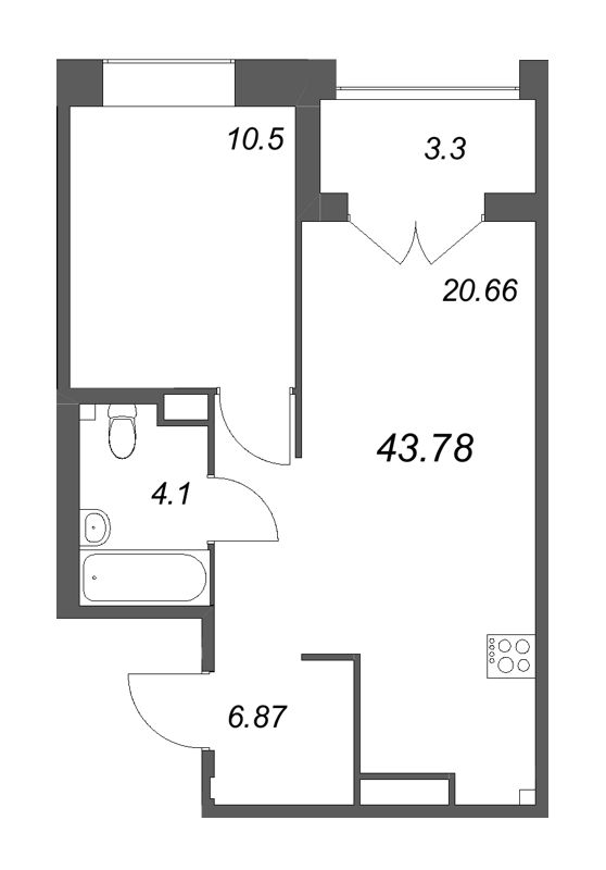 2-комнатная (Евро) квартира, 43.78 м² в ЖК "Ranta Residence" - планировка, фото №1