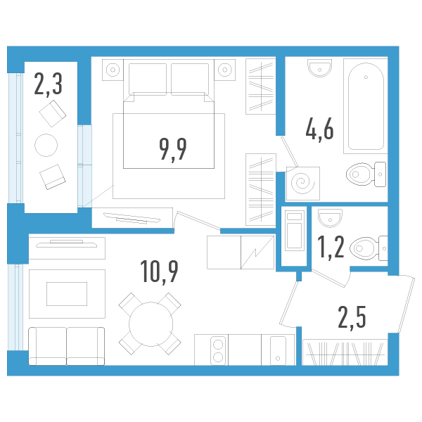 1-комнатная квартира, 30.3 м² в ЖК "AEROCITY" - планировка, фото №1