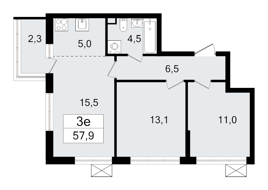 3-комнатная (Евро) квартира, 57.9 м² - планировка, фото №1