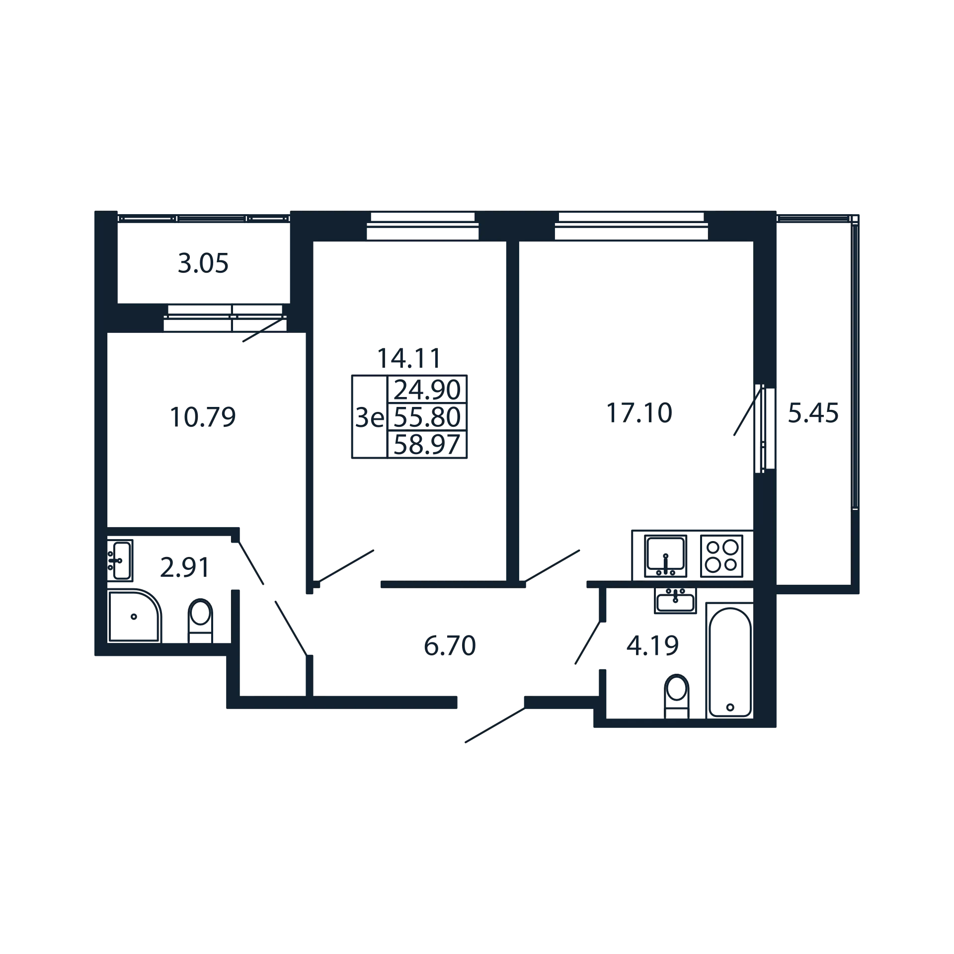 3-комнатная (Евро) квартира, 55.8 м² в ЖК "Полис Новоселье" - планировка, фото №1