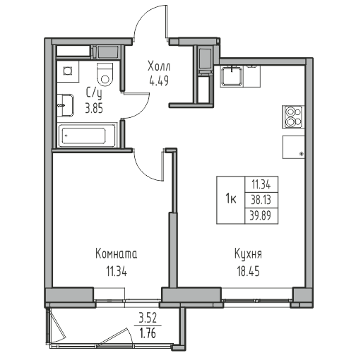 2-комнатная (Евро) квартира, 39.89 м² в ЖК "Юнтолово" - планировка, фото №1