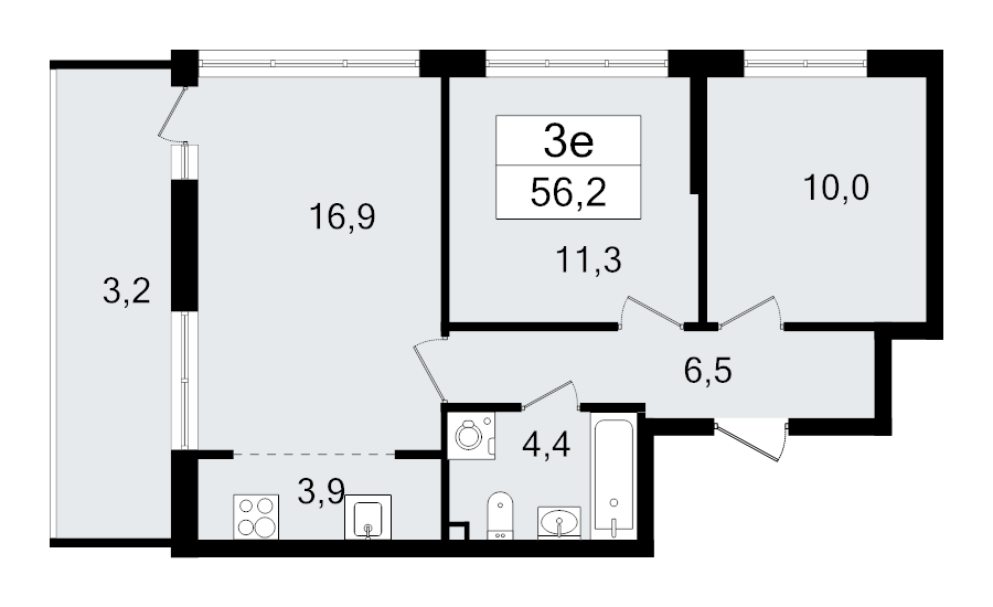 3-комнатная (Евро) квартира, 56.2 м² - планировка, фото №1