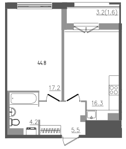 1-комнатная квартира, 44.8 м² - планировка, фото №1