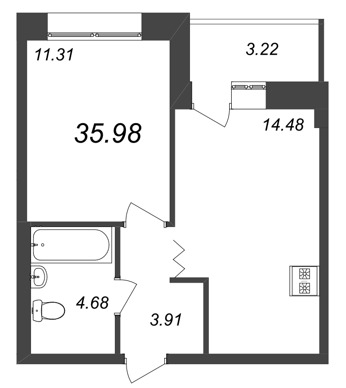 1-комнатная квартира, 35.98 м² - планировка, фото №1