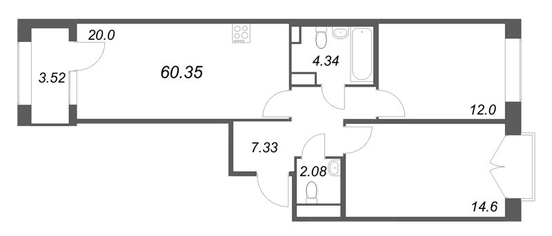 3-комнатная (Евро) квартира, 60.35 м² в ЖК "Дом на Курской" - планировка, фото №1