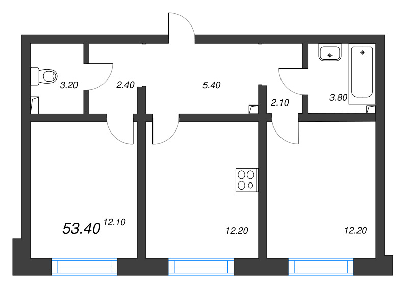 2-комнатная квартира, 53.4 м² в ЖК "Цветной город" - планировка, фото №1