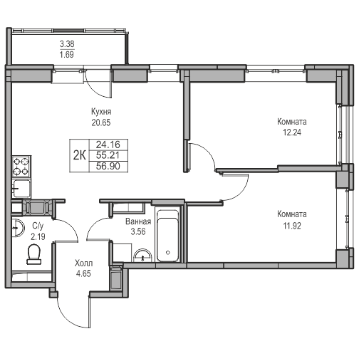 3-комнатная (Евро) квартира, 56.9 м² в ЖК "Юнтолово" - планировка, фото №1