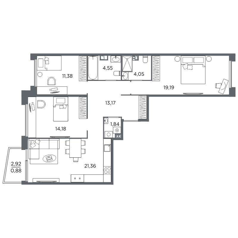 4-комнатная (Евро) квартира, 90.6 м² в ЖК "Акватория" - планировка, фото №1