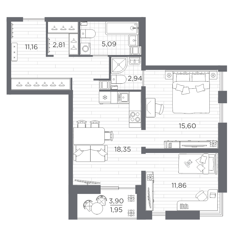 3-комнатная (Евро) квартира, 69.46 м² в ЖК "Сезоны" - планировка, фото №1