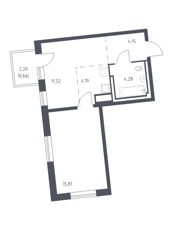 2-комнатная (Евро) квартира, 40.61 м² в ЖК "Квартал Лаголово" - планировка, фото №1