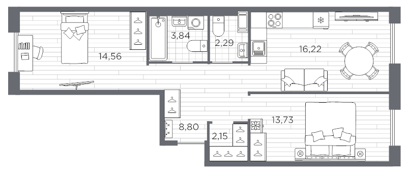 3-комнатная (Евро) квартира, 61.59 м² в ЖК "Сезоны" - планировка, фото №1