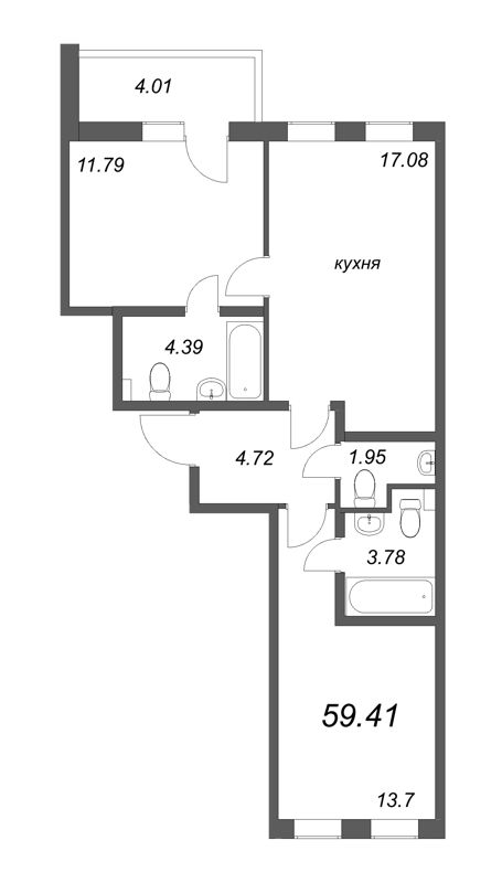 3-комнатная (Евро) квартира, 59.41 м² - планировка, фото №1