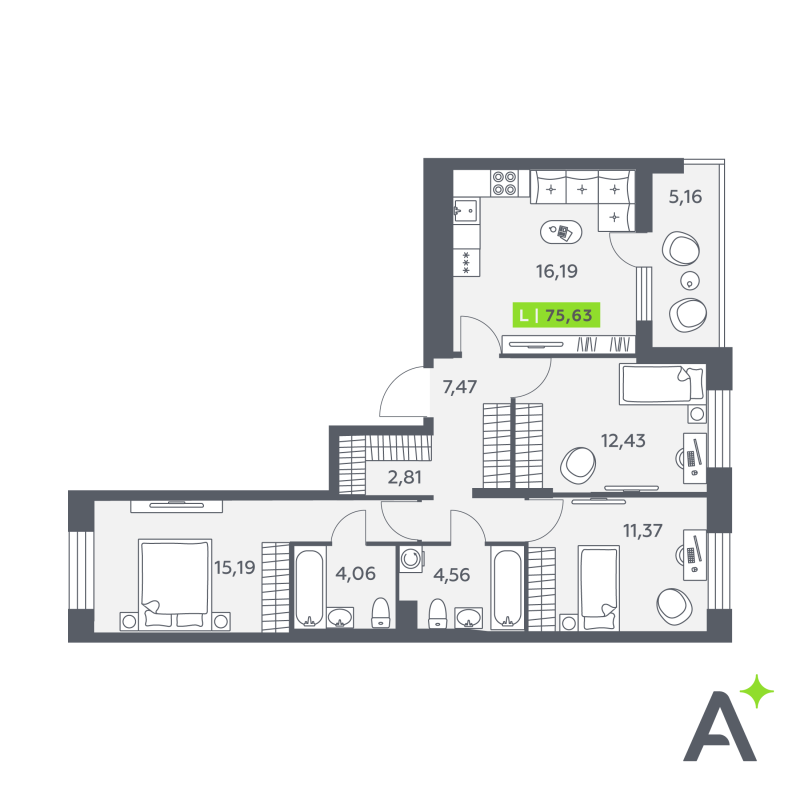 3-комнатная квартира, 75.63 м² в ЖК "Аквилон Верба" - планировка, фото №1