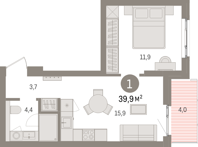 2-комнатная (Евро) квартира, 39.9 м² в ЖК "Брусника в Новоселье" - планировка, фото №1