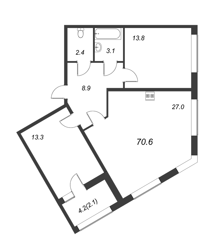 2-комнатная квартира, 70.8 м² - планировка, фото №1
