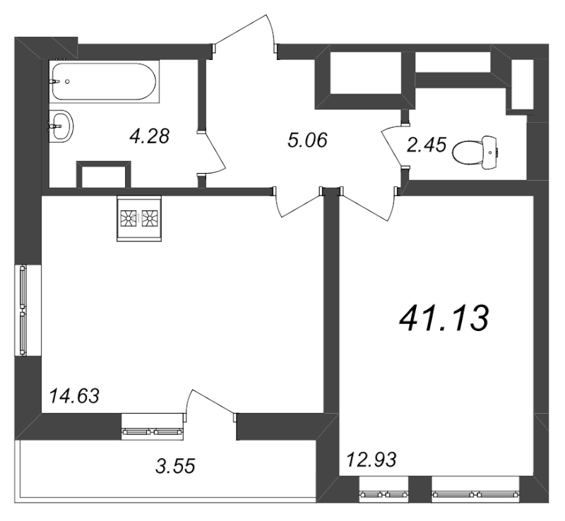 2-комнатная (Евро) квартира, 41.13 м² - планировка, фото №1
