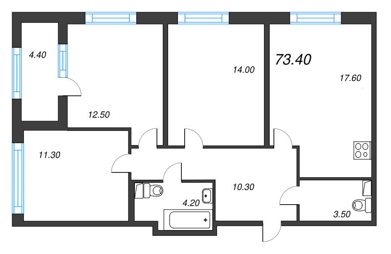 4-комнатная (Евро) квартира, 73.4 м² - планировка, фото №1