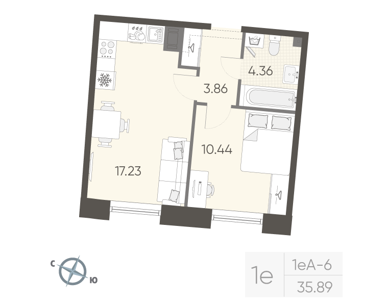 2-комнатная (Евро) квартира, 35.89 м² в ЖК "Бульвар Грина" - планировка, фото №1