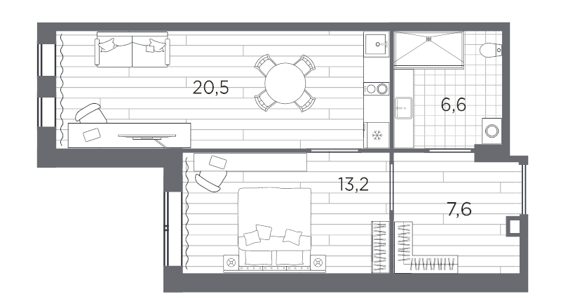 2-комнатная (Евро) квартира, 47.9 м² в ЖК "Industrial Avenir" - планировка, фото №1