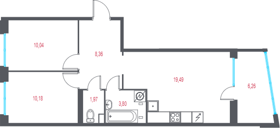 3-комнатная (Евро) квартира, 56.97 м² в ЖК "Город-спутник Южный" - планировка, фото №1