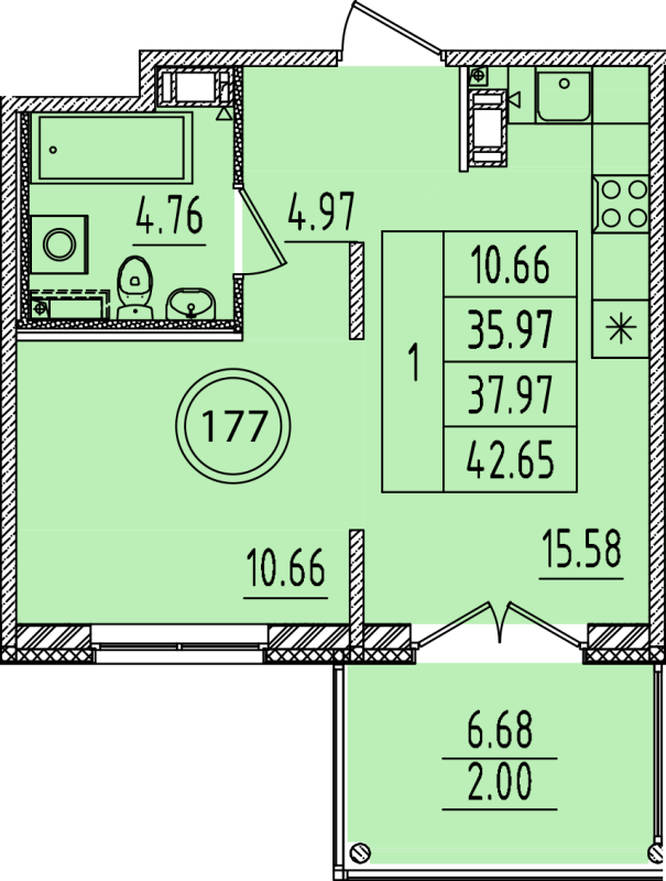 2-комнатная (Евро) квартира, 35.97 м² в ЖК "Образцовый квартал 14" - планировка, фото №1