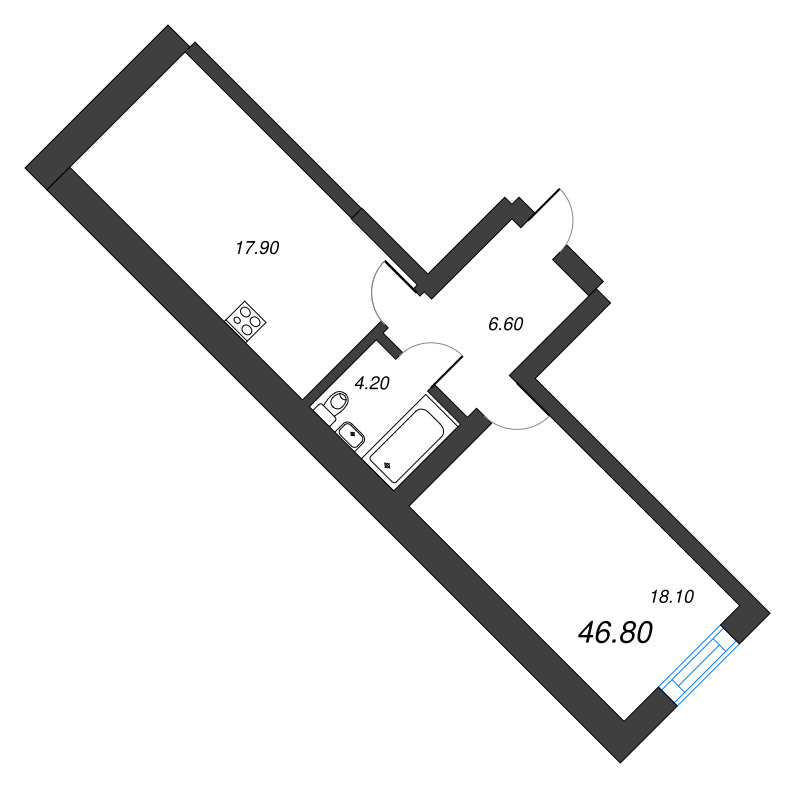 1-комнатная квартира, 46.8 м² в ЖК "Листва" - планировка, фото №1